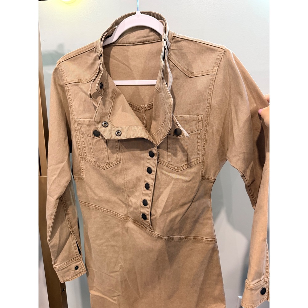 Tan Utility Military Mini Dress Asymmetrical Snap Front Long Sleeve Tan Small - Picture 4 of 5